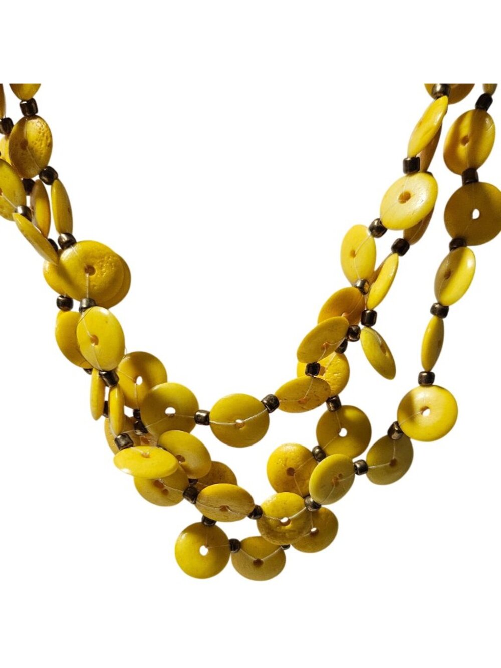 Retro Yellow Disc Bead Necklace Multistrand Layered Boho Statement Coastal 70s
